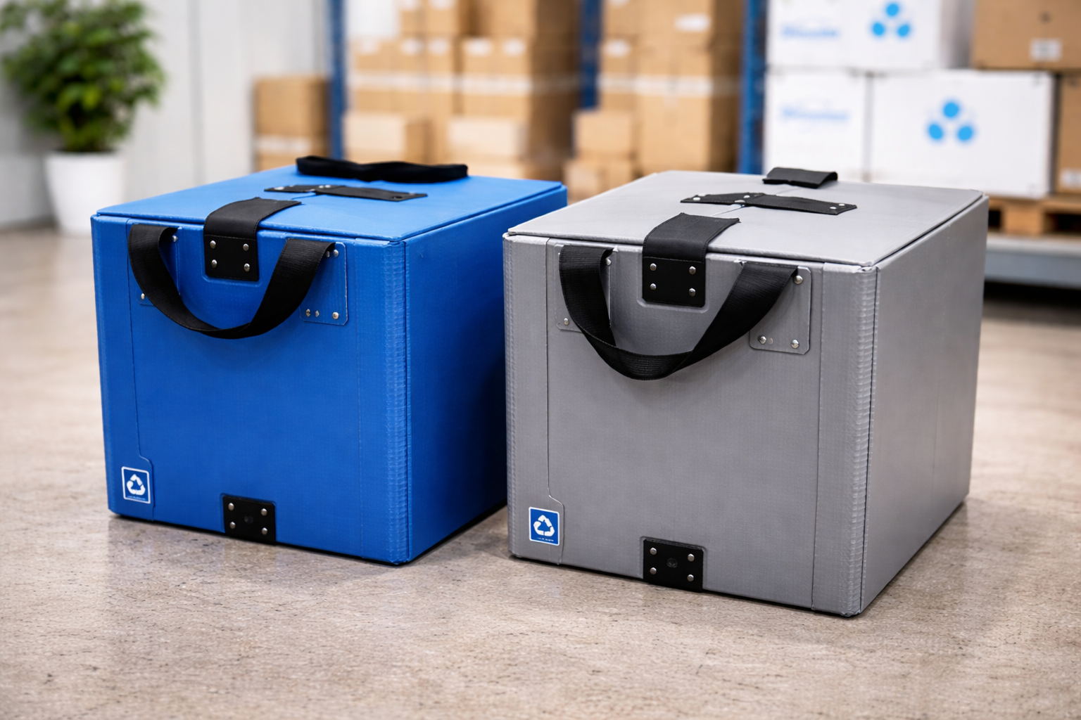 PP Corrugated Boxes in blue and gray from Shanti Polymers with durable handles and recycling symbol, showcasing packaging solutions for e-commerce logistics.